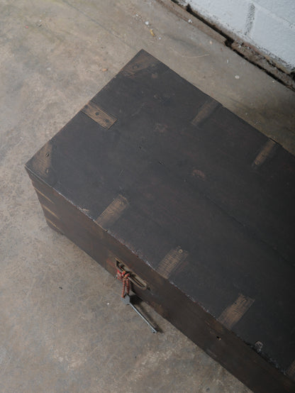 Rustic Dark Wood Storage Chest with Brass Plate Joinery and Key