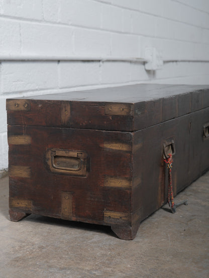Rustic Dark Wood Storage Chest with Brass Plate Joinery and Key