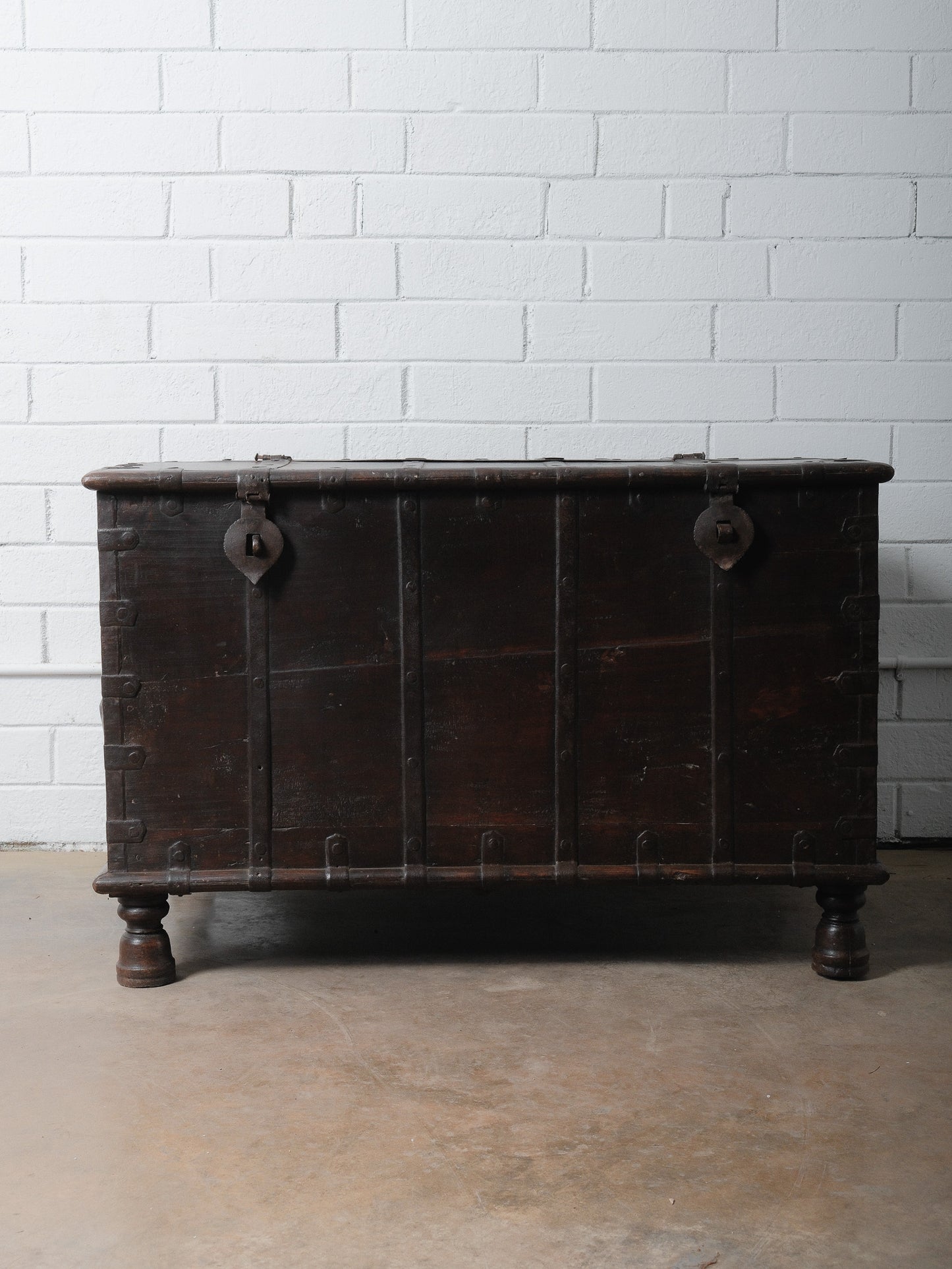 Rustic Iron-Bound Wooden Storage Chest on Turned Feet