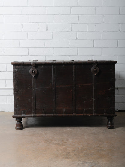 Rustic Iron-Bound Wooden Storage Chest on Turned Feet