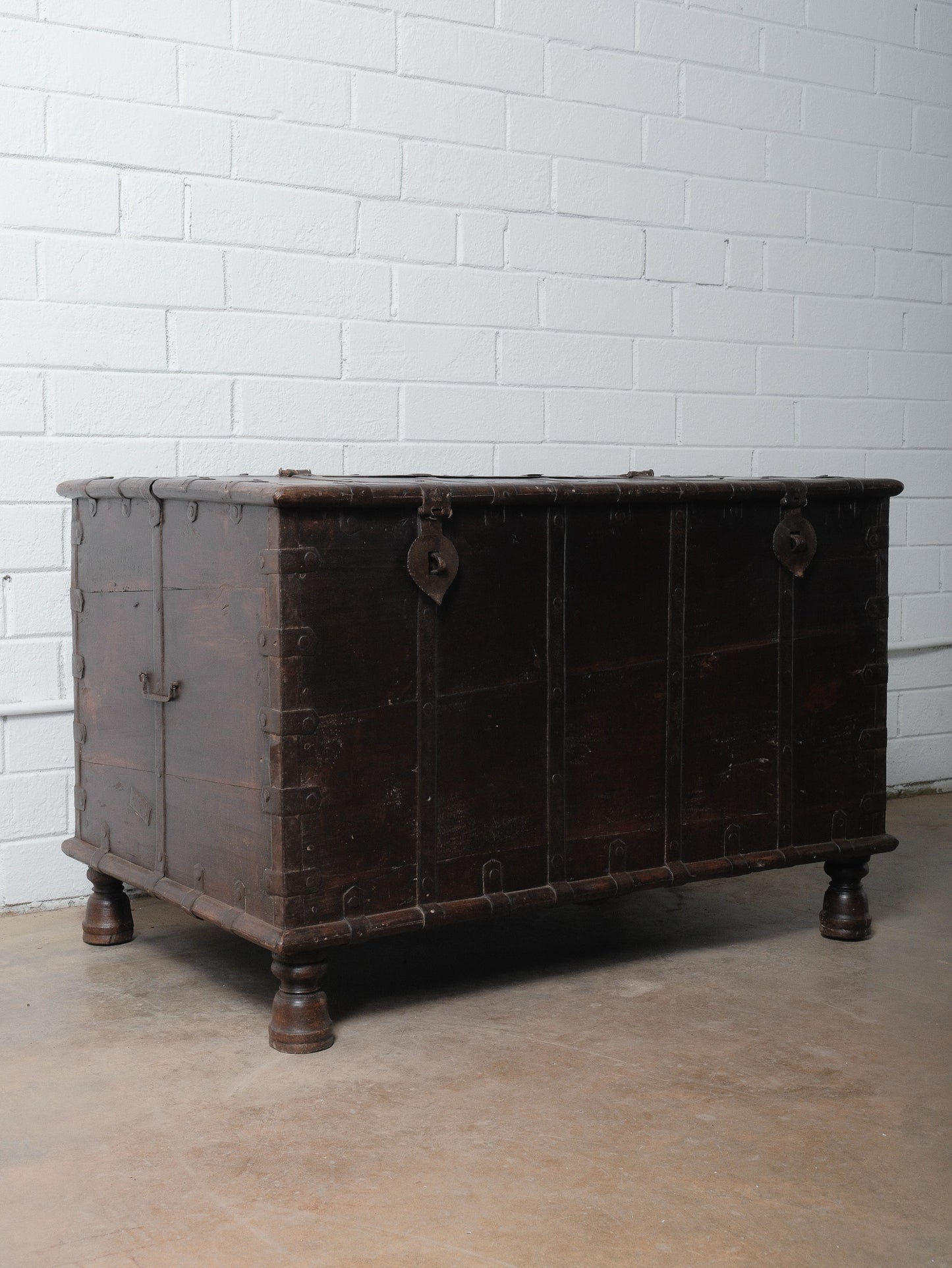 Rustic Iron-Bound Wooden Storage Chest on Turned Feet
