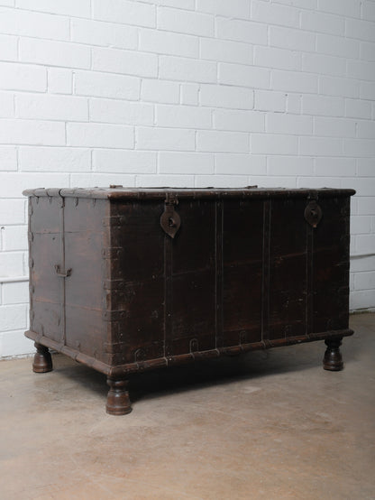 Rustic Iron-Bound Wooden Storage Chest on Turned Feet
