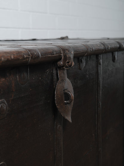 Rustic Iron-Bound Wooden Storage Chest on Turned Feet