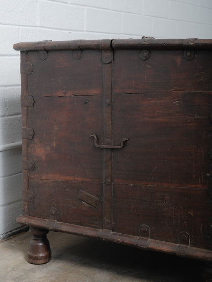 Rustic Iron-Bound Wooden Storage Chest on Turned Feet