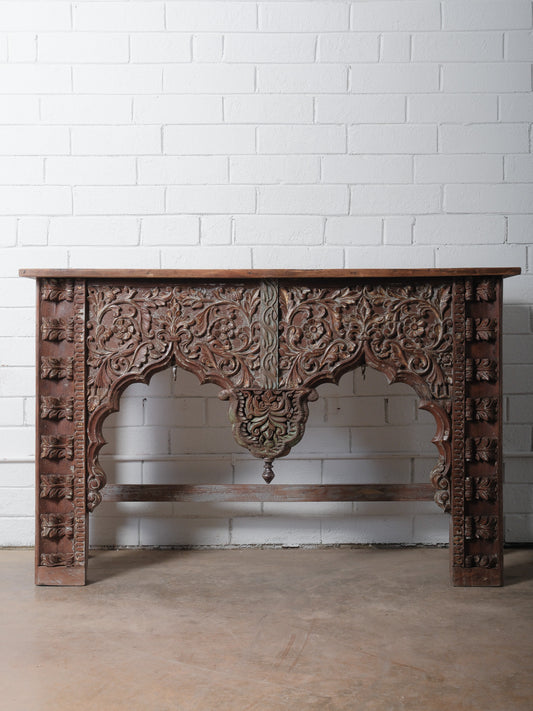 Hand-Carved Wooden Console Table With Ornate Floral Details