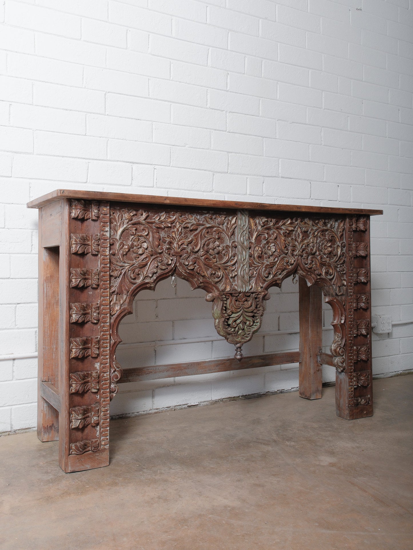 Hand-Carved Wooden Console Table With Ornate Floral Details