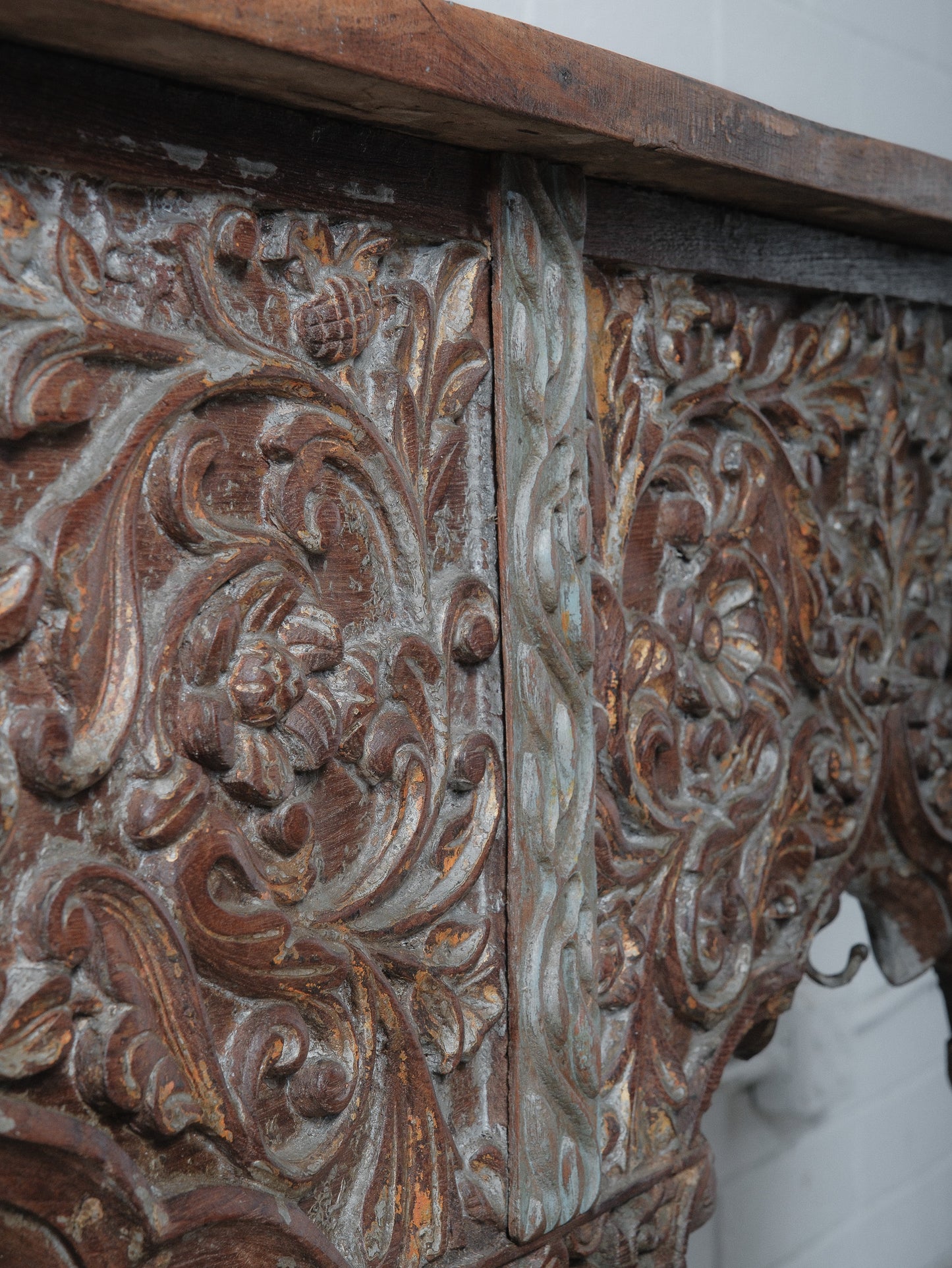 Hand-Carved Wooden Console Table With Ornate Floral Details