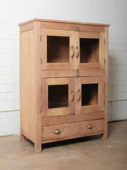 Wooden Glass-Front Cabinet with Four Doors and Lower Drawer