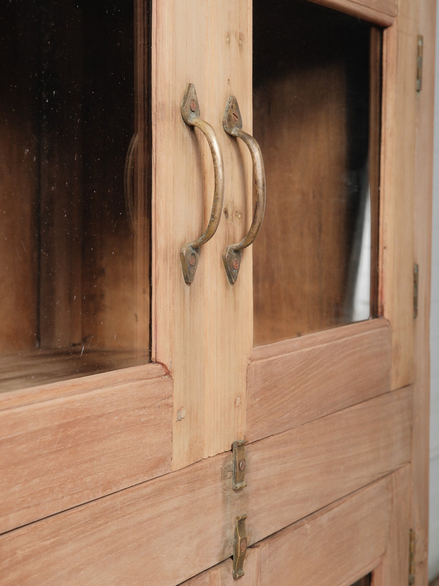 Wooden Glass-Front Cabinet with Four Doors and Lower Drawer