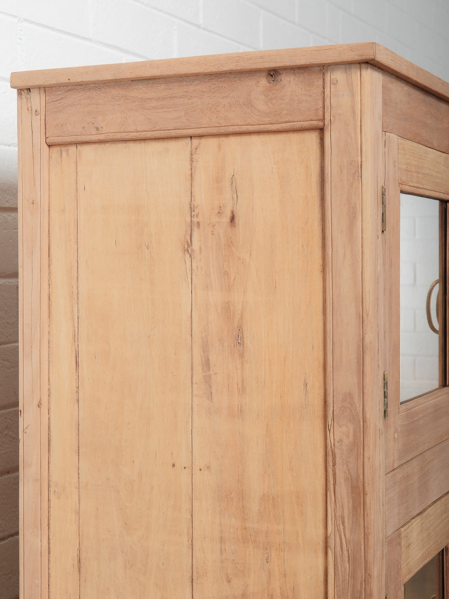 Wooden Glass-Front Cabinet with Four Doors and Lower Drawer