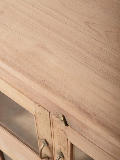 Wooden Glass-Front Cabinet with Four Doors and Lower Drawer