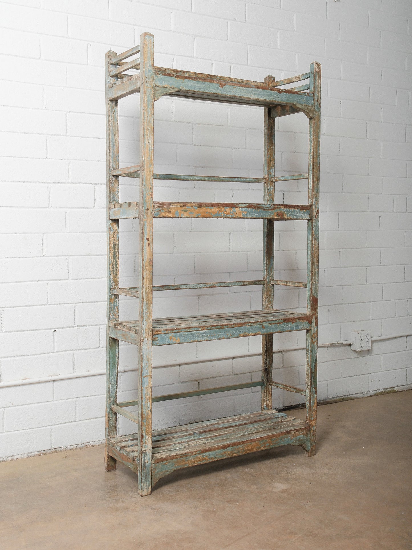 Rustic Open-Frame Distressed Blue Wooden Storage Shelf