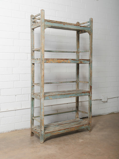 Rustic Open-Frame Distressed Blue Wooden Storage Shelf