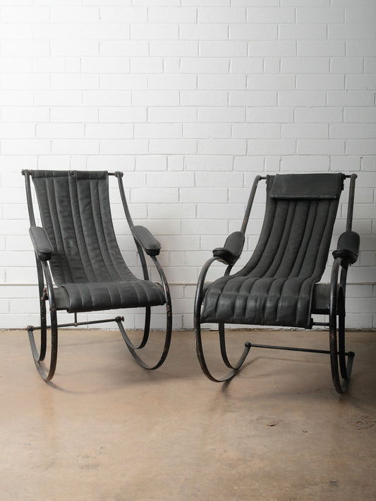 Pair of Circa 1850 Peter Cooper Rocking Chairs for R.W. Winfield in Black Leather and Iron