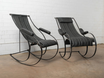 Pair of Circa 1850 Peter Cooper Rocking Chairs for R.W. Winfield in Black Leather and Iron