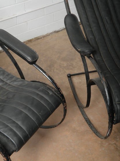 Pair of Circa 1850 Peter Cooper Rocking Chairs for R.W. Winfield in Black Leather and Iron