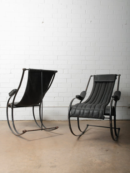 Pair of Circa 1850 Peter Cooper Rocking Chairs for R.W. Winfield in Black Leather and Iron
