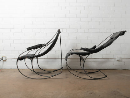 Pair of Circa 1850 Peter Cooper Rocking Chairs for R.W. Winfield in Black Leather and Iron