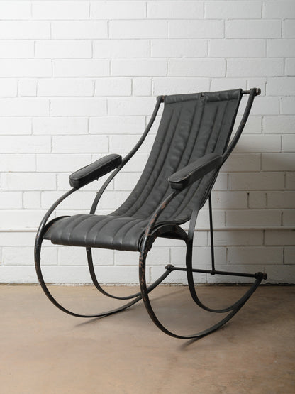 Pair of Circa 1850 Peter Cooper Rocking Chairs for R.W. Winfield in Black Leather and Iron