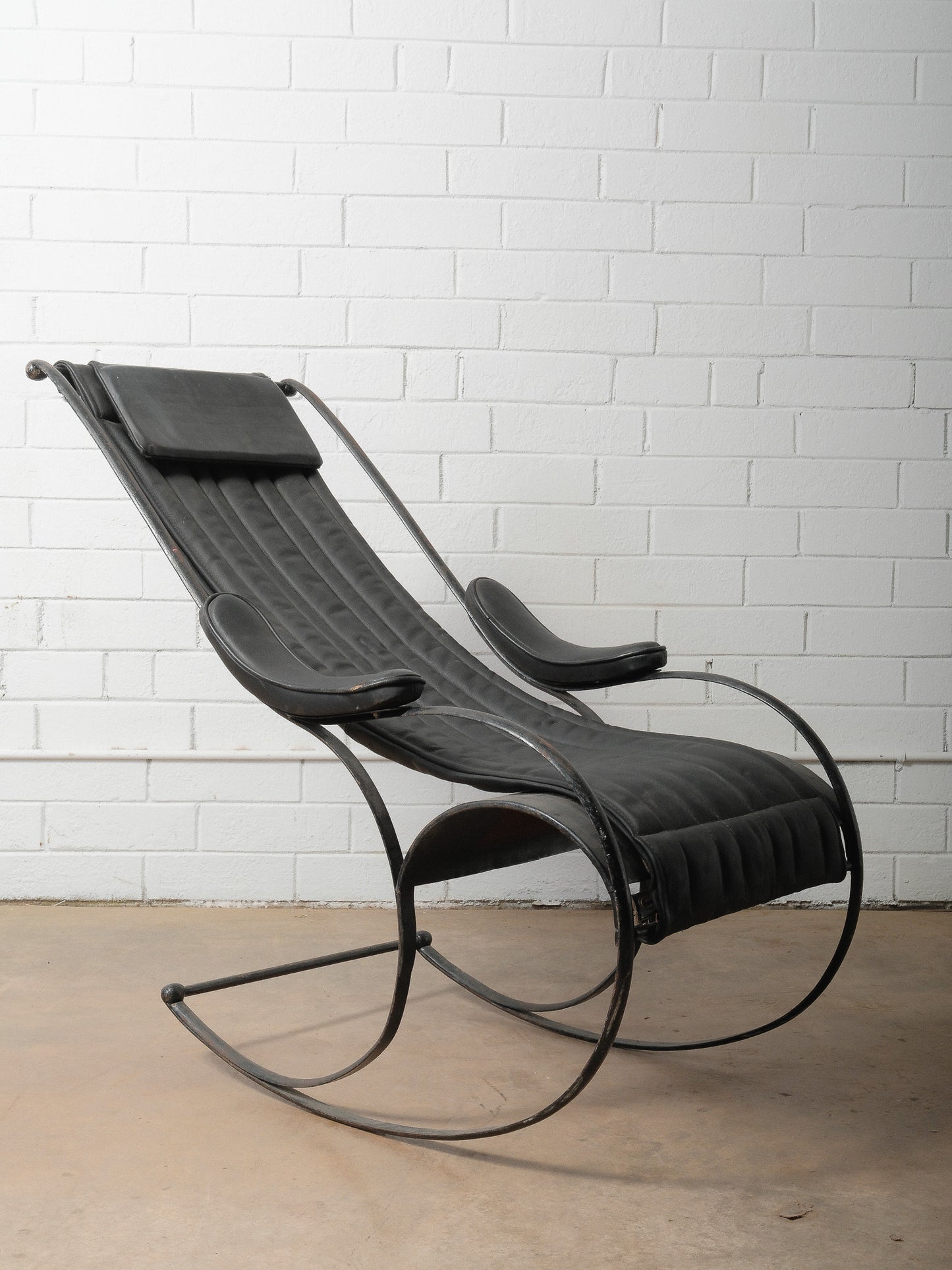 Pair of Circa 1850 Peter Cooper Rocking Chairs for R.W. Winfield in Black Leather and Iron