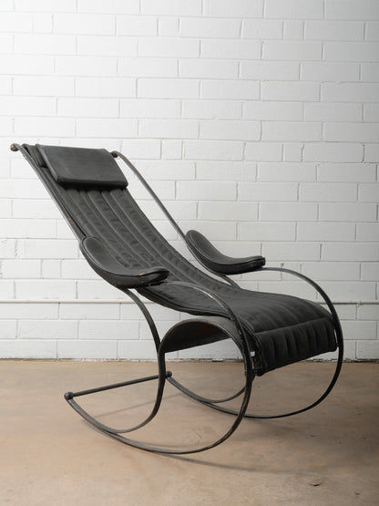 Pair of Circa 1850 Peter Cooper Rocking Chairs for R.W. Winfield in Black Leather and Iron