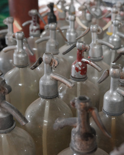 Vintage Soda Siphon Bottles in Wooden Crate