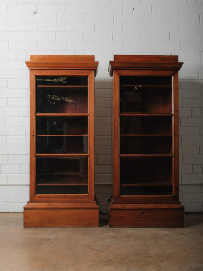 Pair of Antique Pine Glass-Door Bookcase Display Cabinets