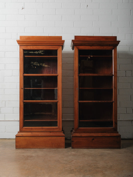 Pair of Antique Pine Glass-Door Bookcase Display Cabinets