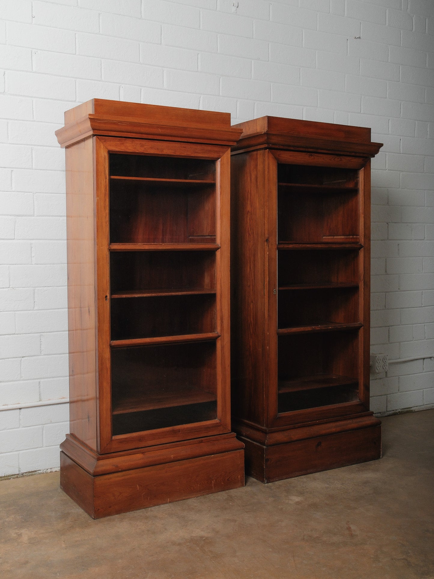 Pair of Antique Pine Glass-Door Bookcase Display Cabinets