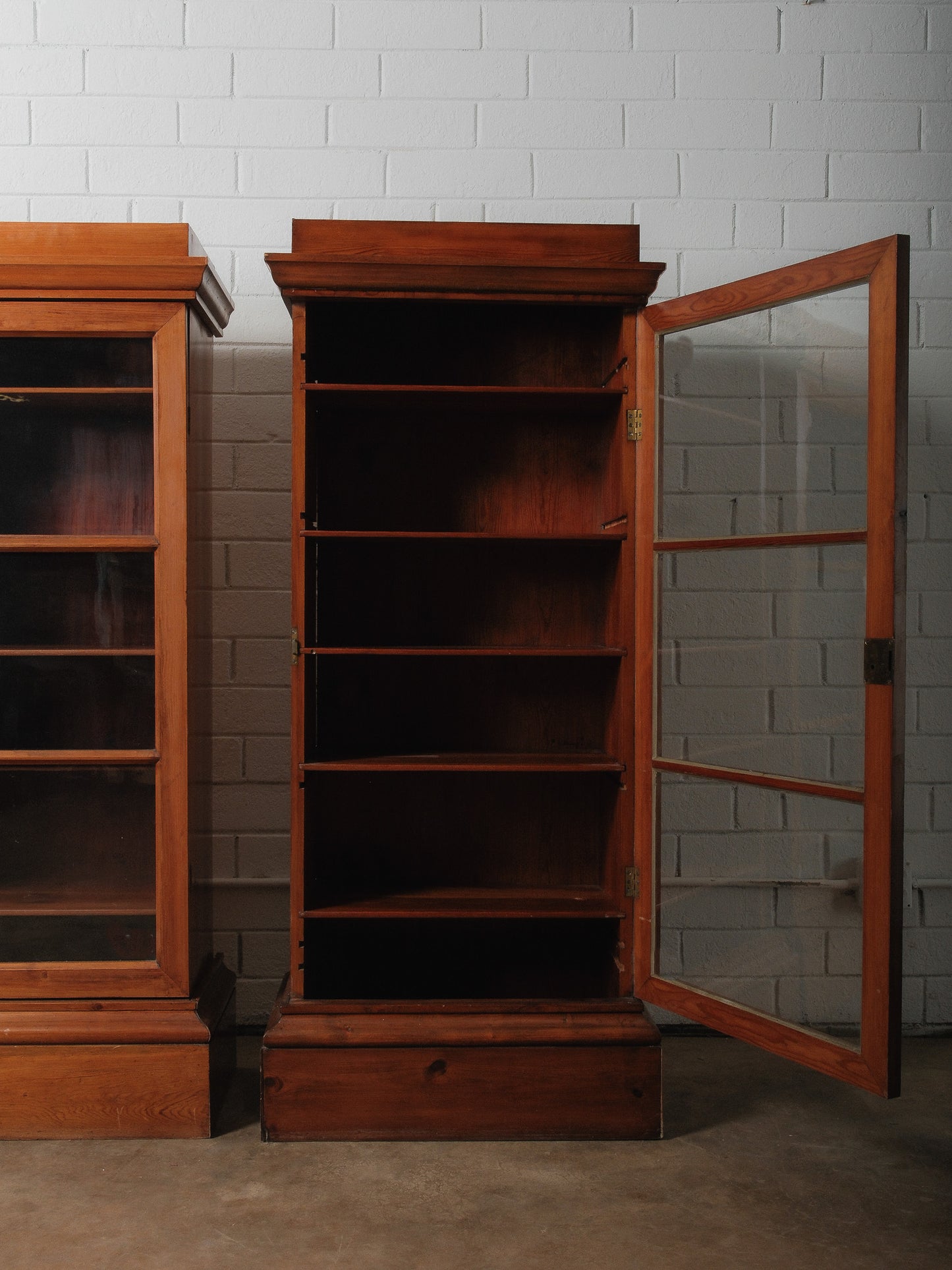 Pair of Antique Pine Glass-Door Bookcase Display Cabinets