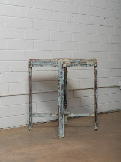 Distressed Wooden Accent Table with Weathered Blue Patina