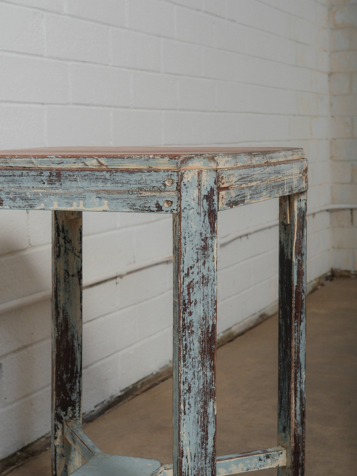 Distressed Wooden Accent Table with Weathered Blue Patina