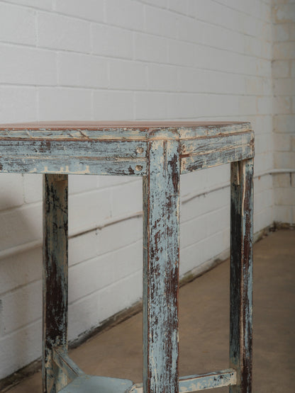 Distressed Wooden Accent Table with Weathered Blue Patina