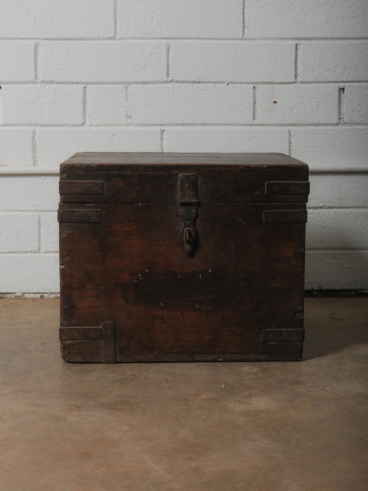Wooden Box with Hinged Lid and Iron Fittings