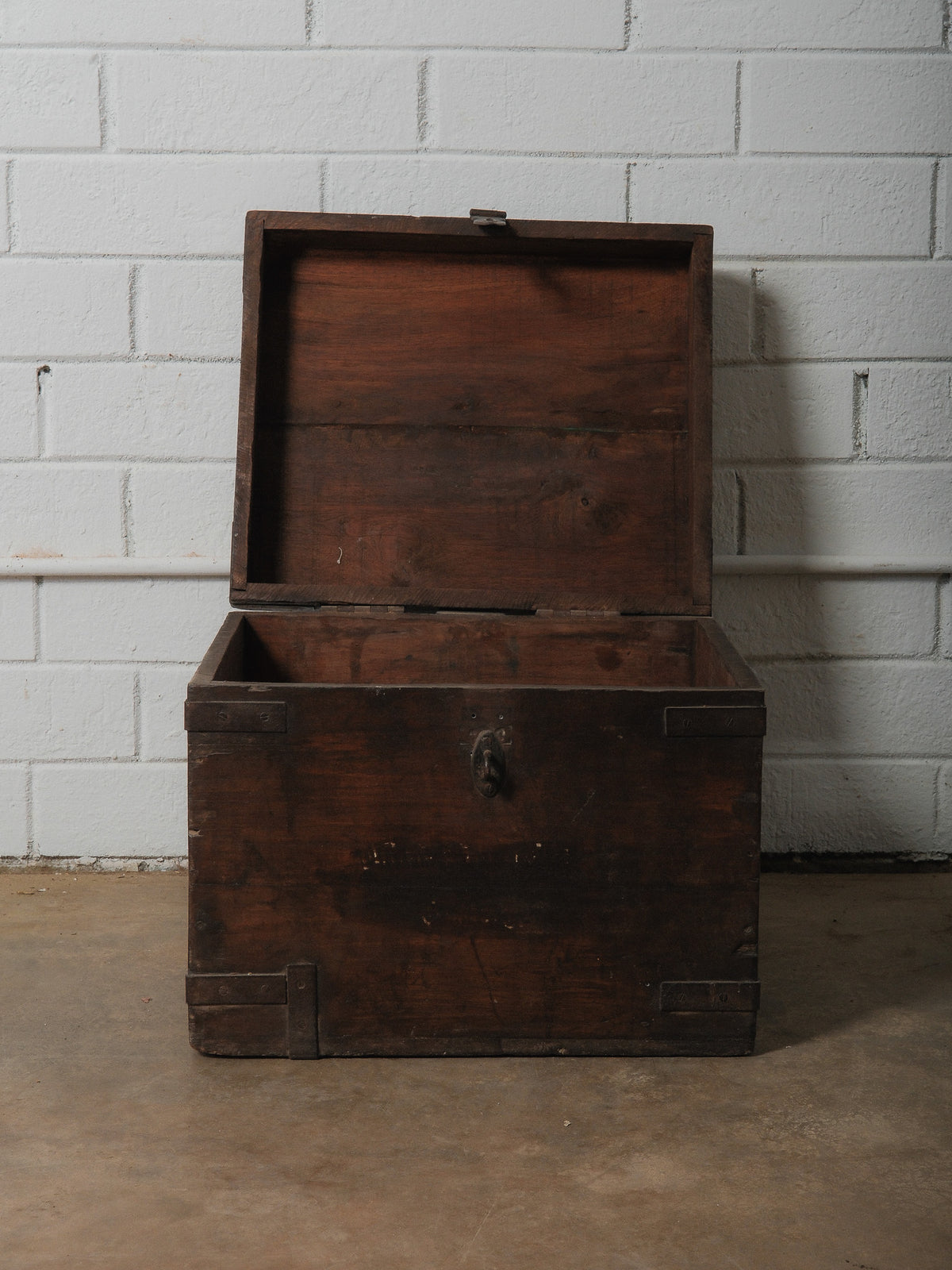 Wooden Box with Hinged Lid and Iron Fittings