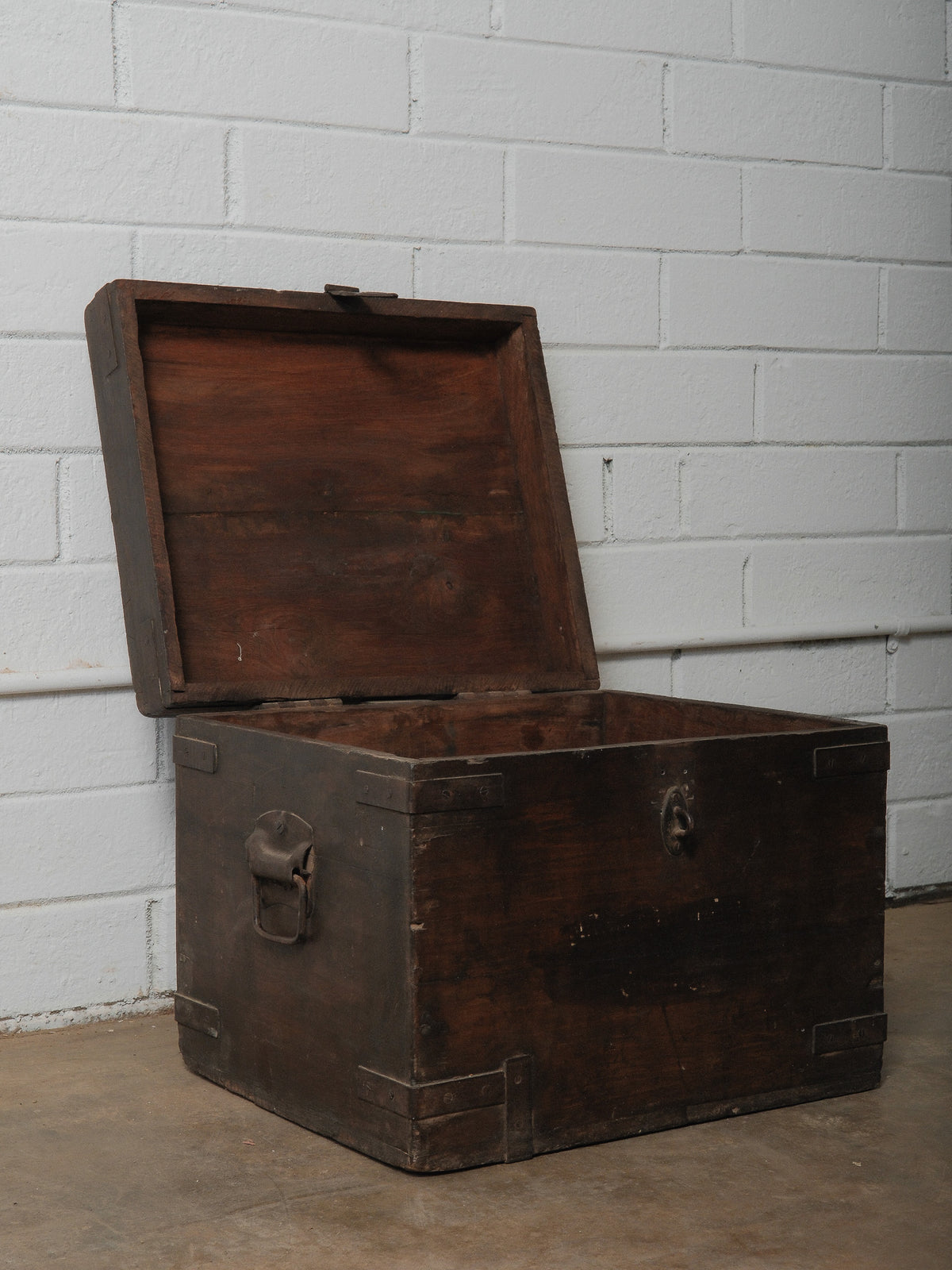 Wooden Box with Hinged Lid and Iron Fittings