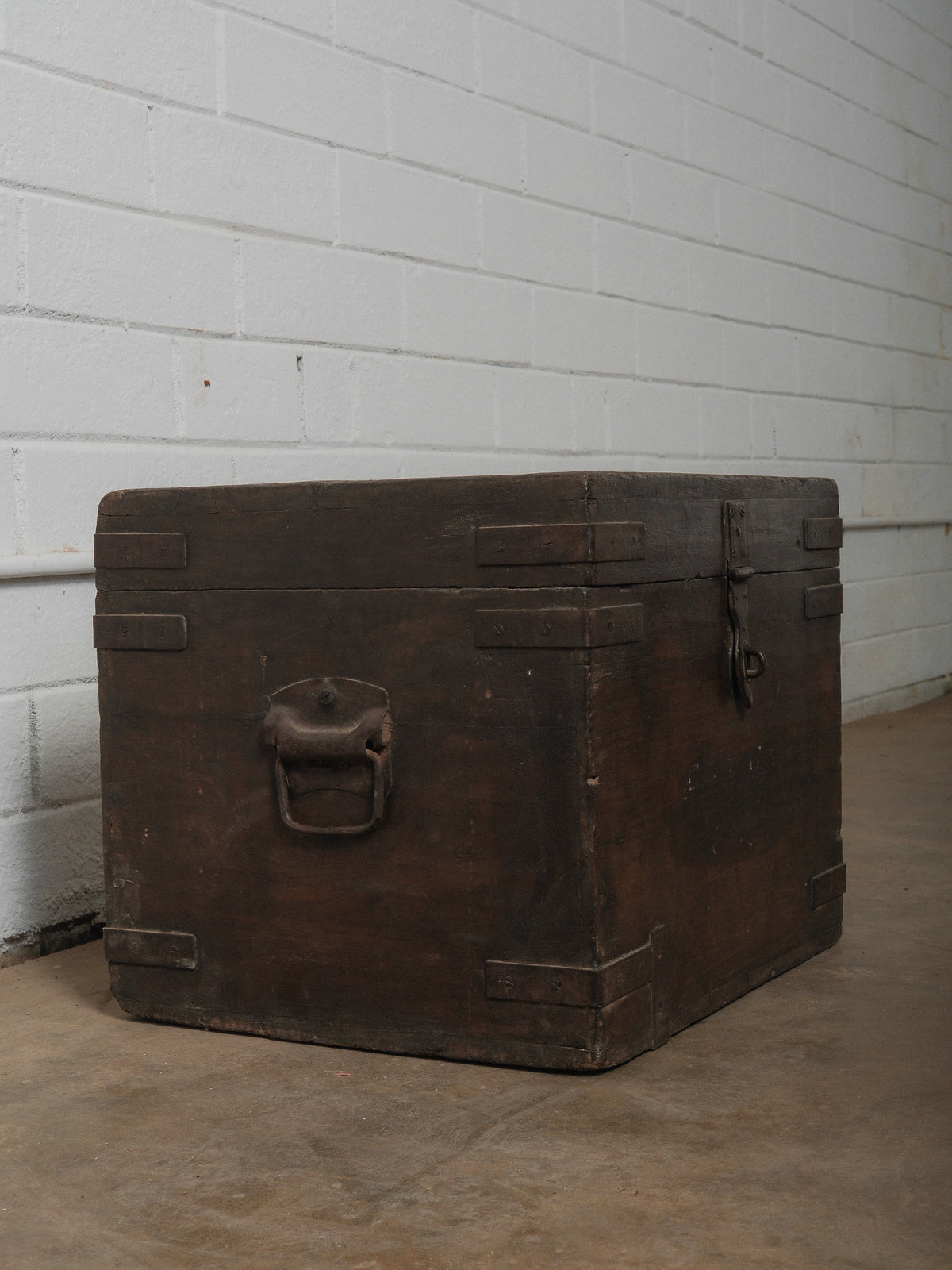 Wooden Box with Hinged Lid and Iron Fittings
