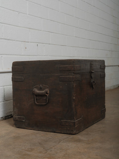 Wooden Box with Hinged Lid and Iron Fittings