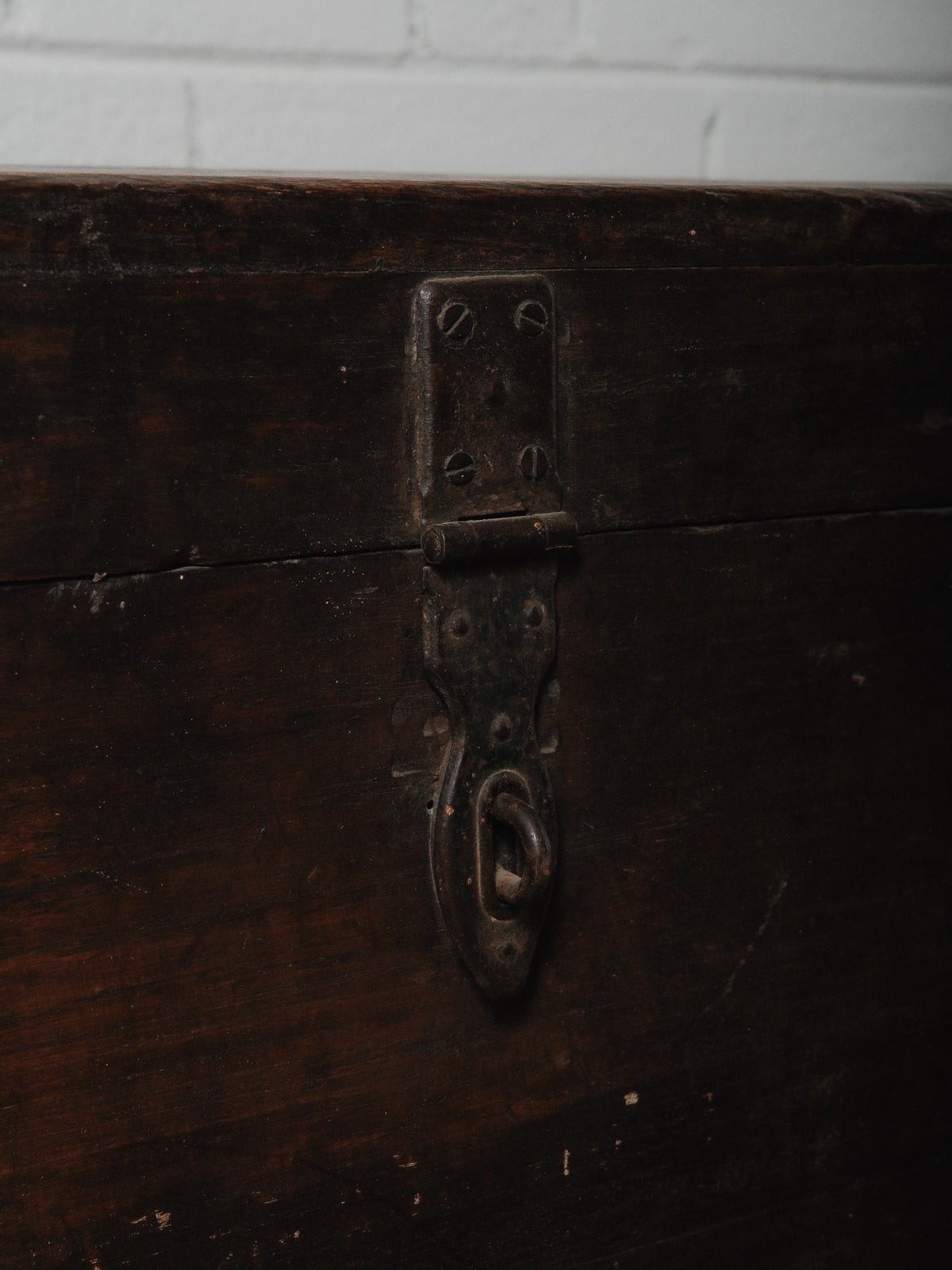 Wooden Box with Hinged Lid and Iron Fittings