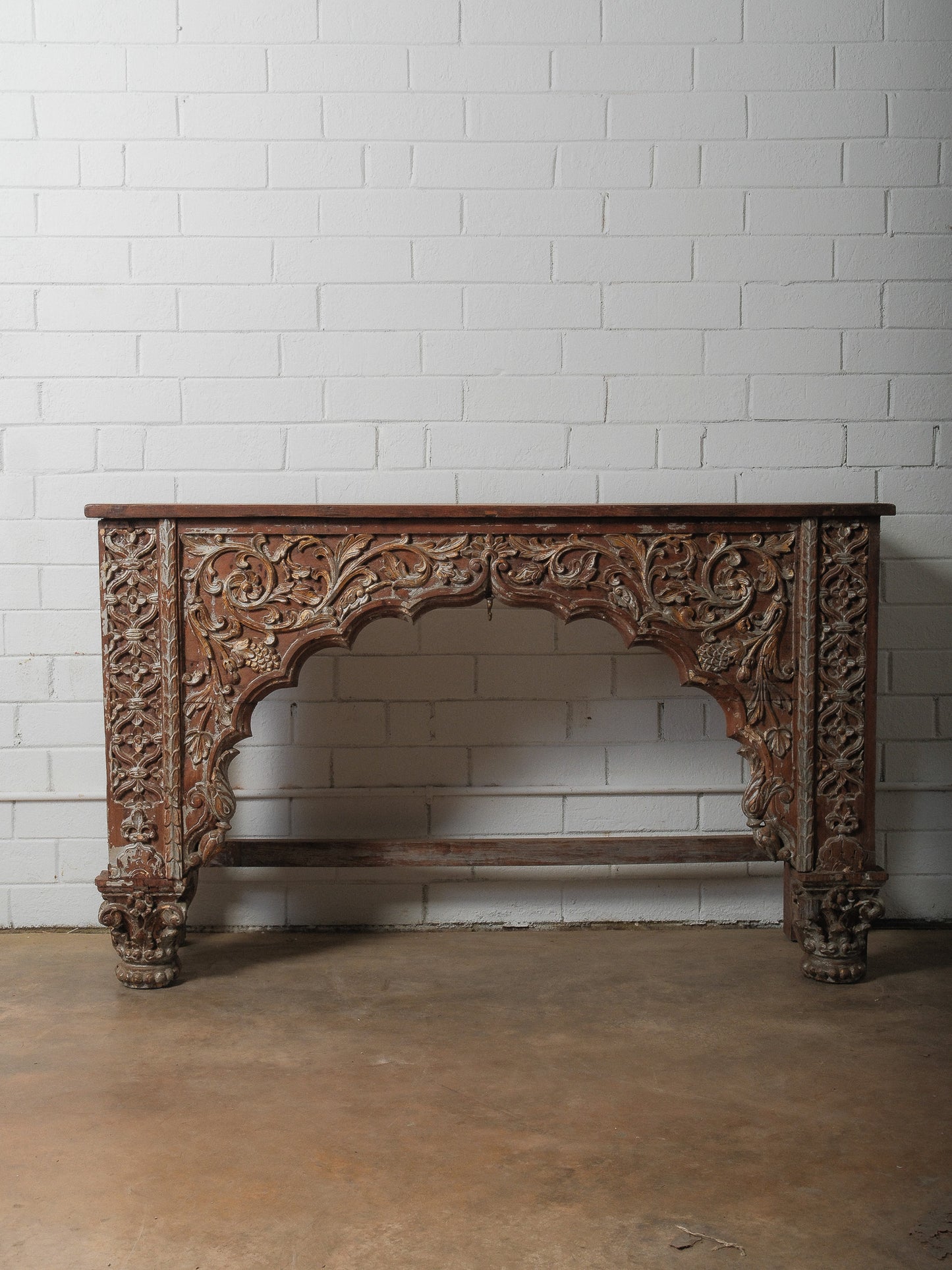 Carved Wooden Console with Sculptural Floral Relief