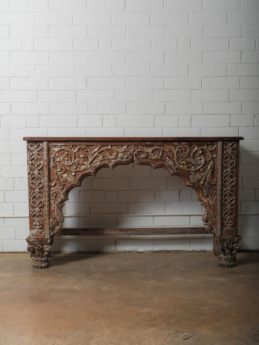 Carved Wooden Console with Sculptural Floral Relief