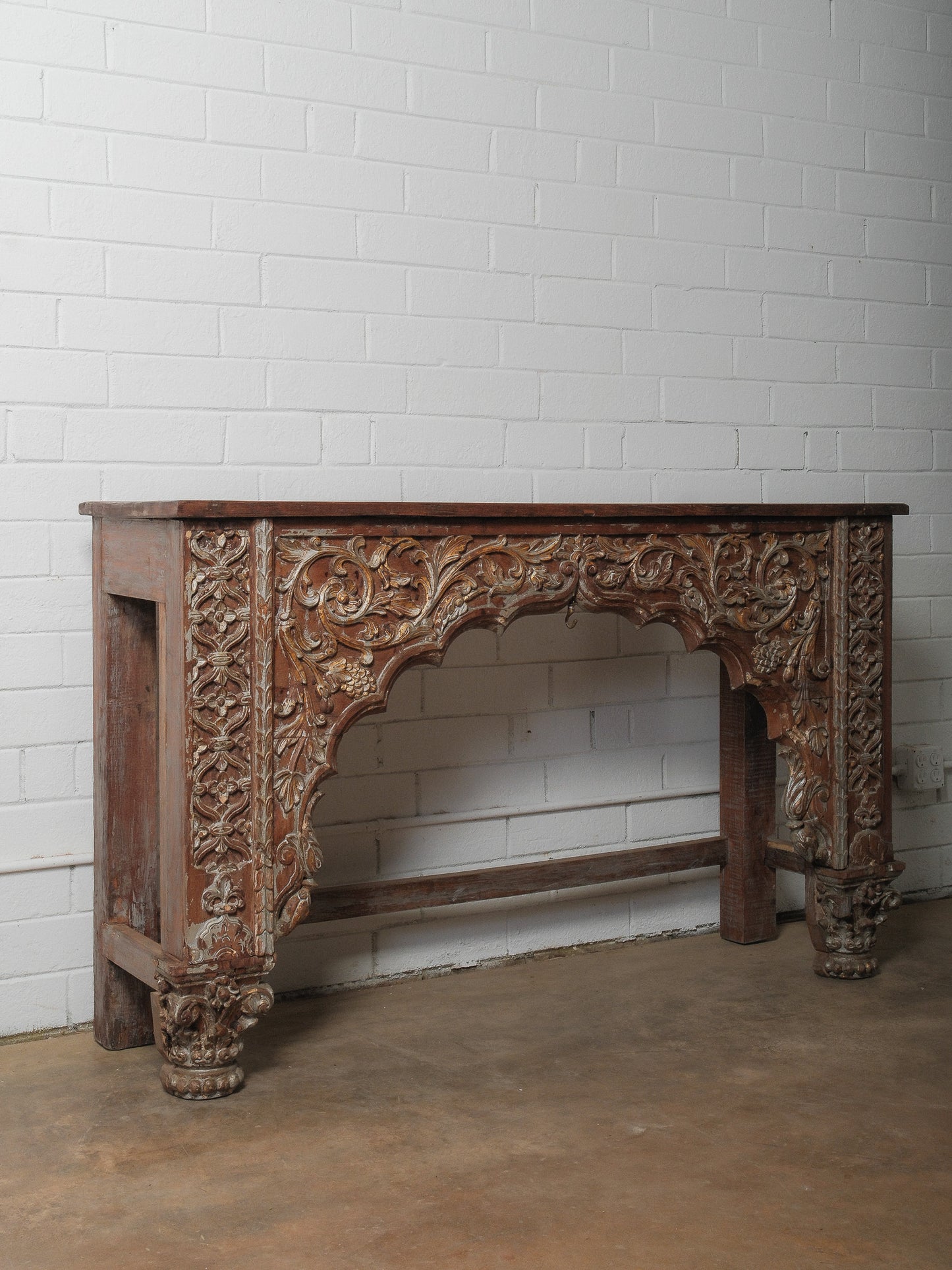Carved Wooden Console with Sculptural Floral Relief
