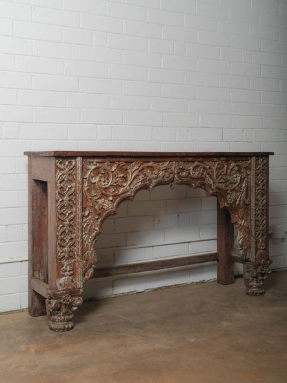 Carved Wooden Console with Sculptural Floral Relief