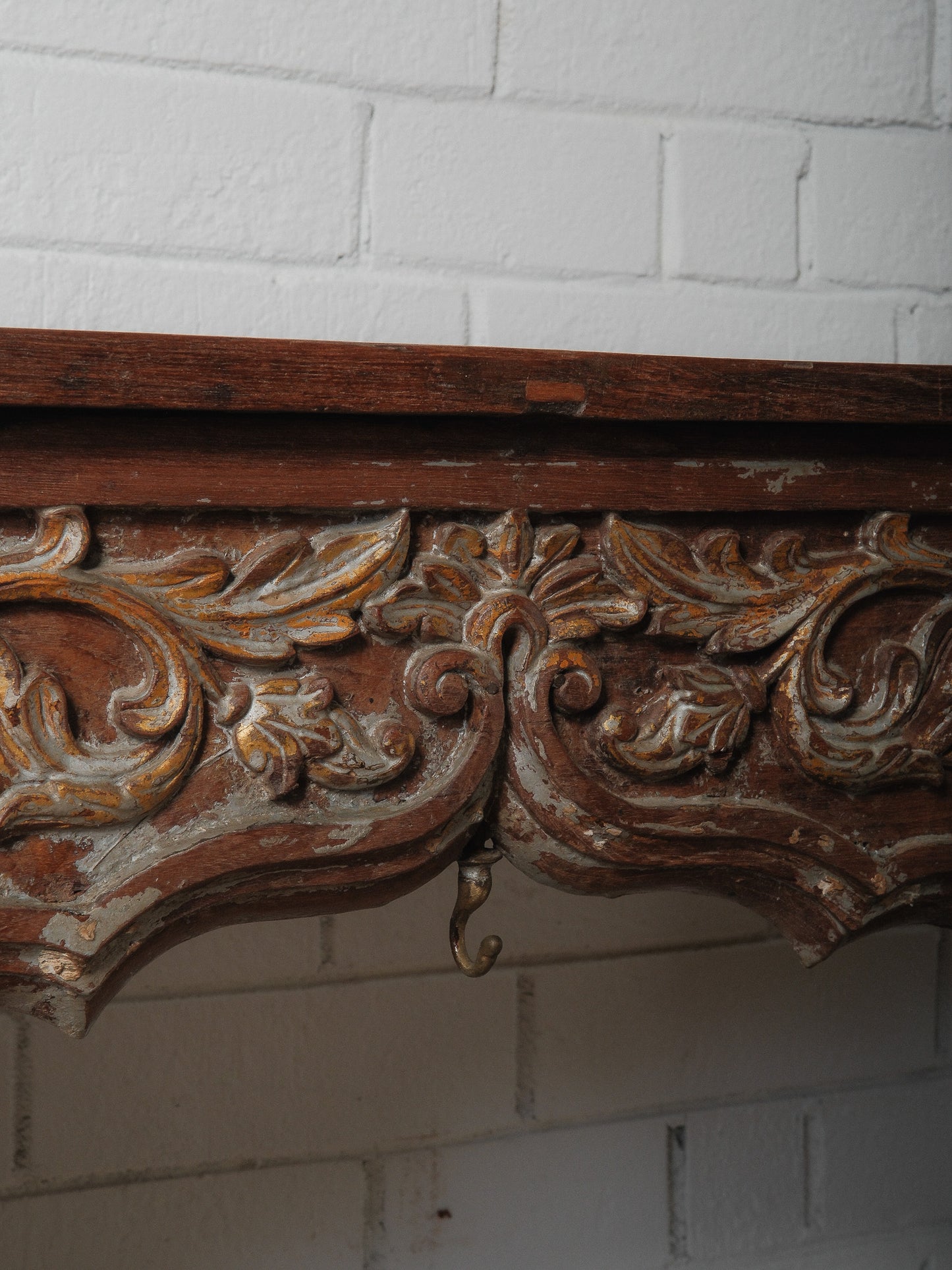 Carved Wooden Console with Sculptural Floral Relief