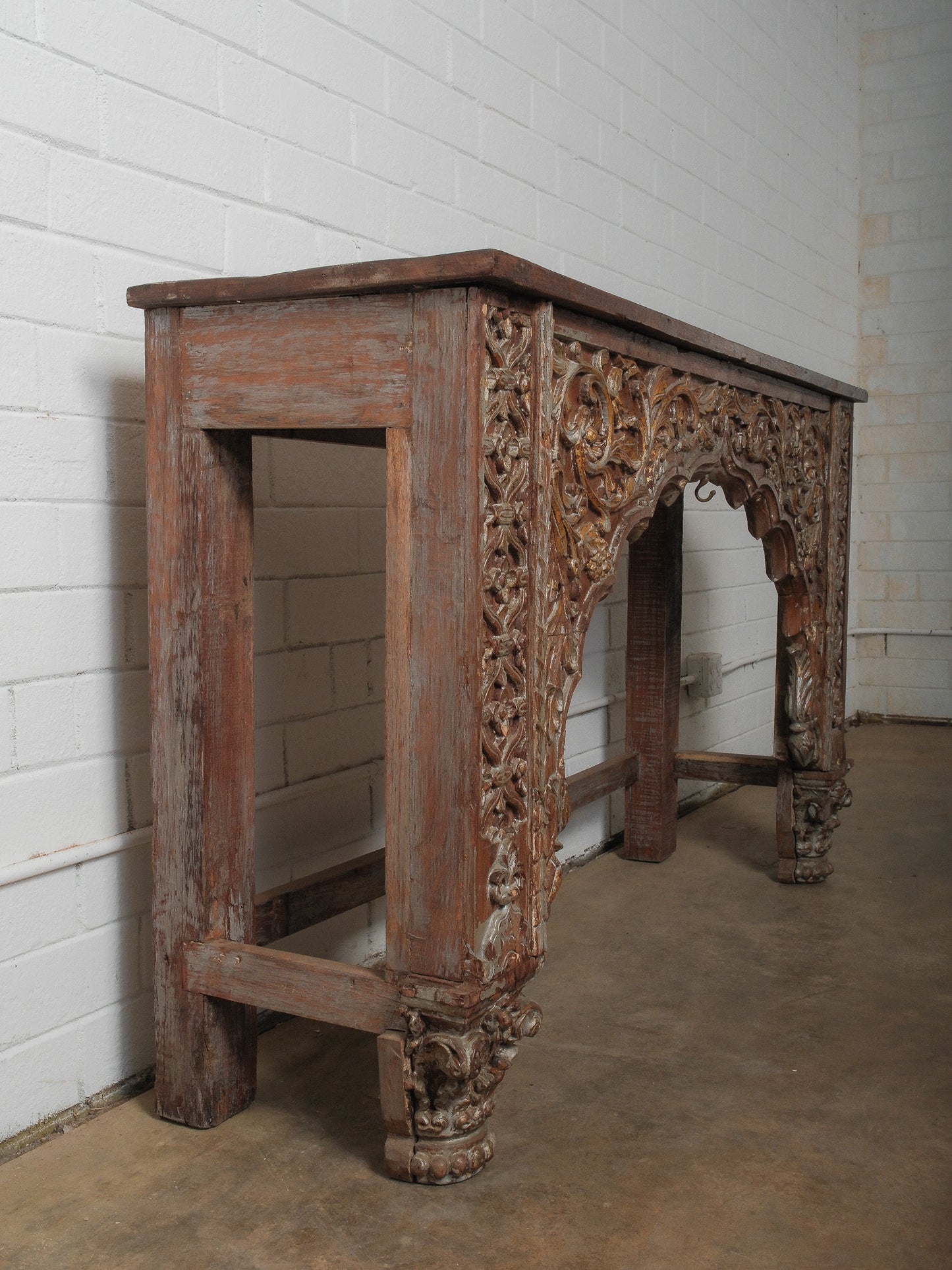 Carved Wooden Console with Sculptural Floral Relief