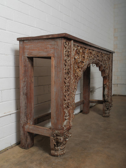 Carved Wooden Console with Sculptural Floral Relief