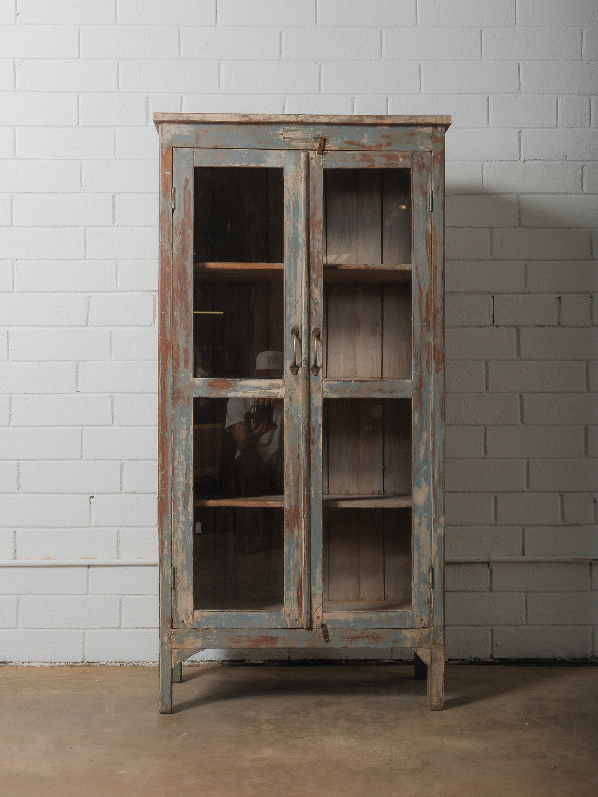 Distressed Glass-Front Cabinet with Weathered Blue Finish