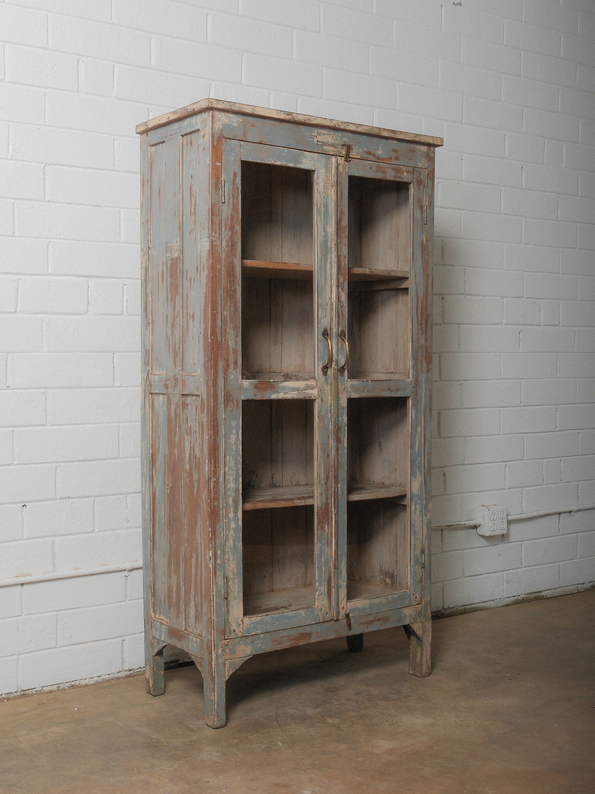Distressed Glass-Front Cabinet with Weathered Blue Finish