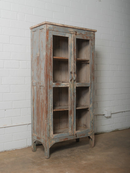 Distressed Glass-Front Cabinet with Weathered Blue Finish