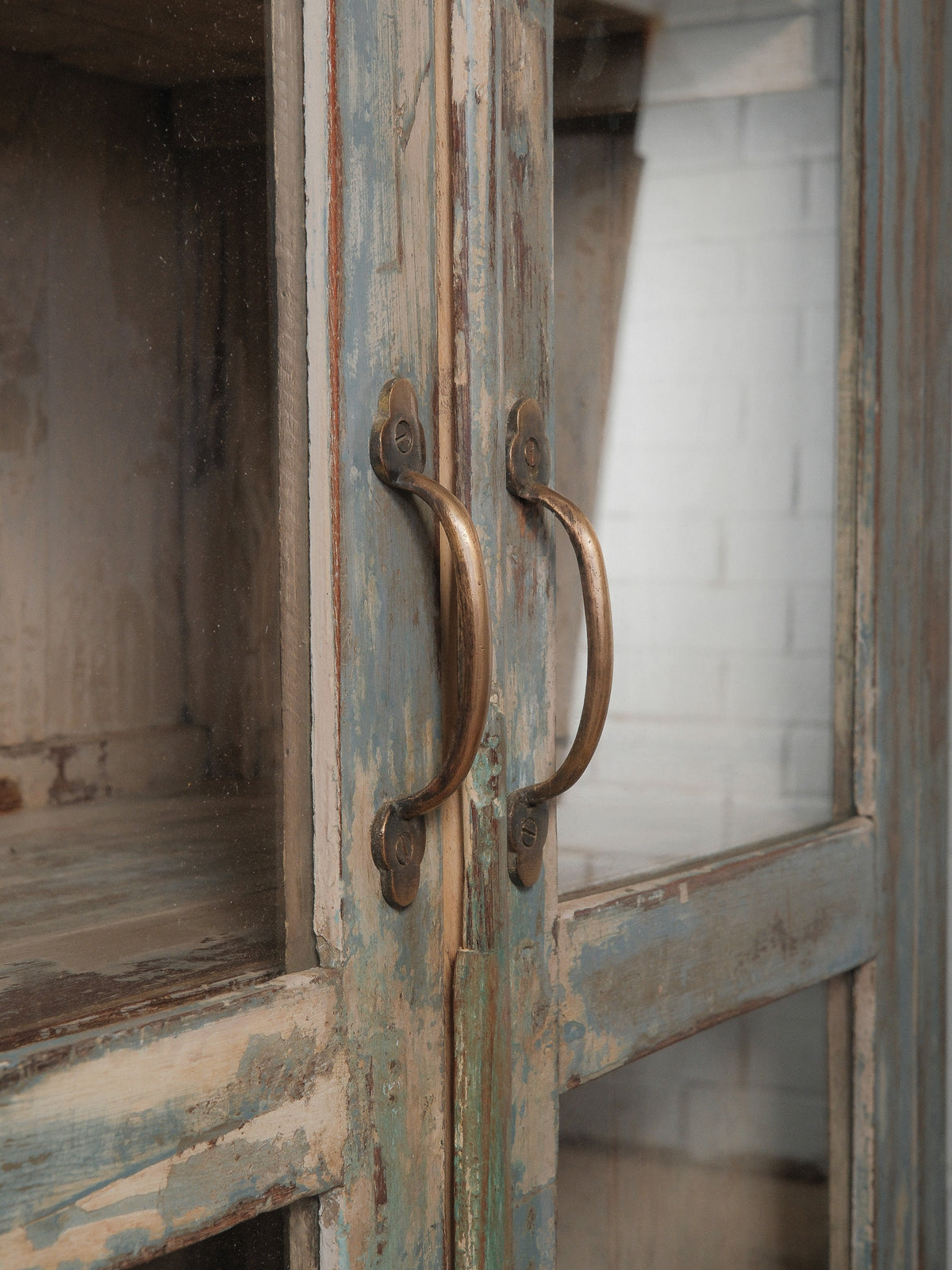 Distressed Glass-Front Cabinet with Weathered Blue Finish